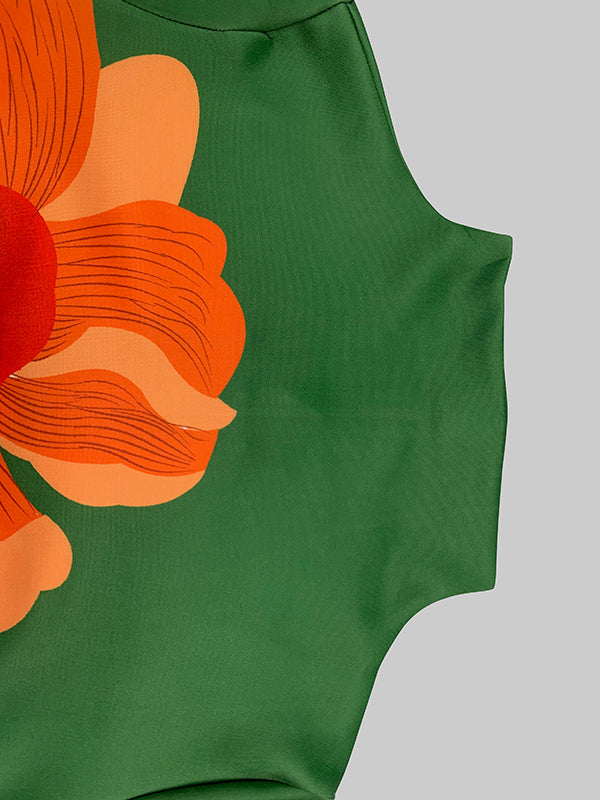 A-Line Long Sleeves Flower Print Split-Joint High Neck Midi Dresses