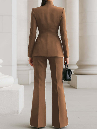 Long Sleeves Buttoned Pockets Solid Color Stand Collar Blazer Outerwear