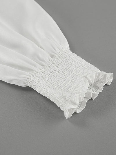 Loose Puff Sleeves Elasticity Pleated Solid Color Split-Joint V-Neck Blouses&Shirts Tops