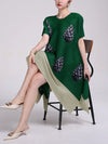 A-Line Loose Flower Print Pleated Round-Neck Midi Dresses