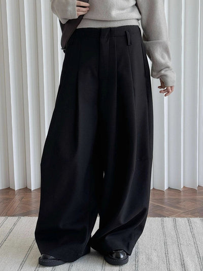 Loose Wide Leg Buttoned Pleated Pockets Solid Color Zipper Suit Pants