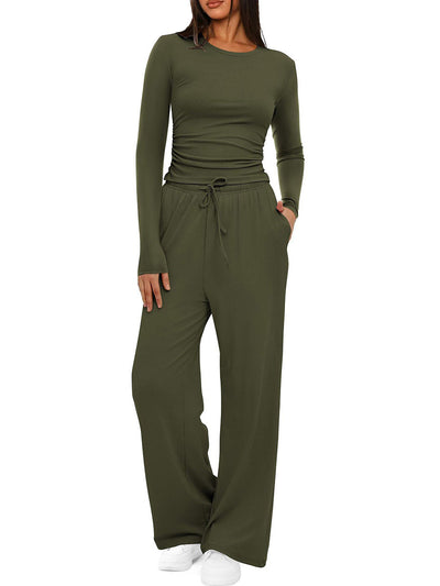 Solid Color Pleated Round-Neck T-Shirts Tops +  Elasticated Waist High Waisted Drawstring Pants Two Pieces Set