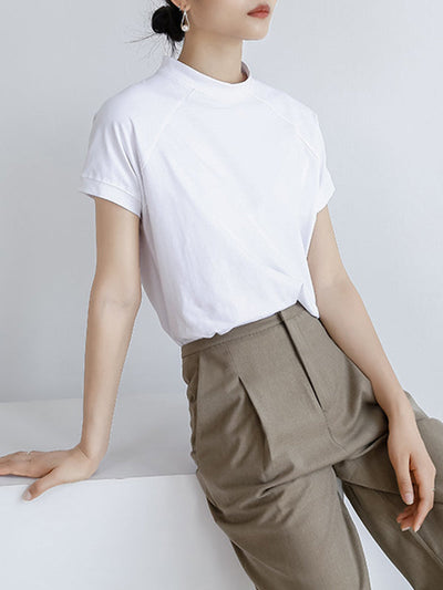 Casual Short Sleeves Loose Solid Color Stand Collar T-Shirts Tops