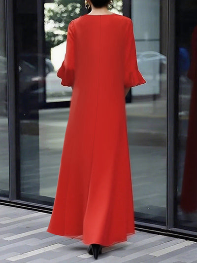 A-Line Flared Sleeves Solid Color Zipper Round-Neck Maxi Dresses