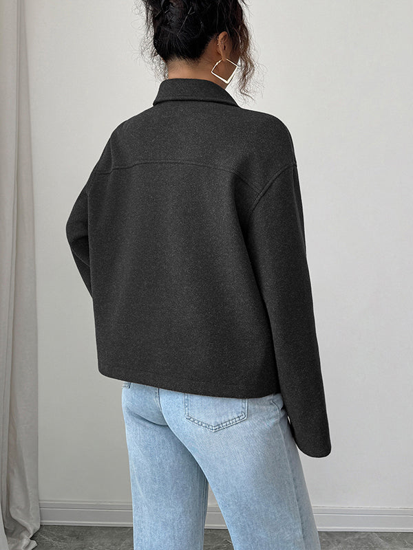 Long Sleeves Loose Solid Color Zipper Lapel Outerwear