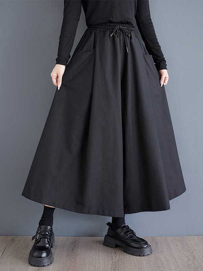 A-Line High Waisted Drawstring Elasticity Pockets Solid Color Culotte Pants