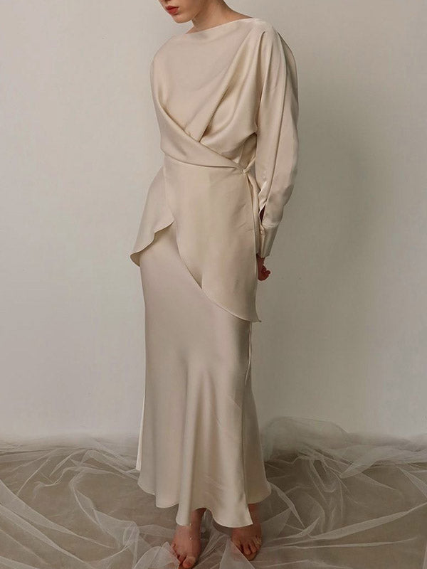 Loose Solid Color Split-Joint Boat Neck Long Sleeves Blouse & Shirt + Skirt Two Pieces Set