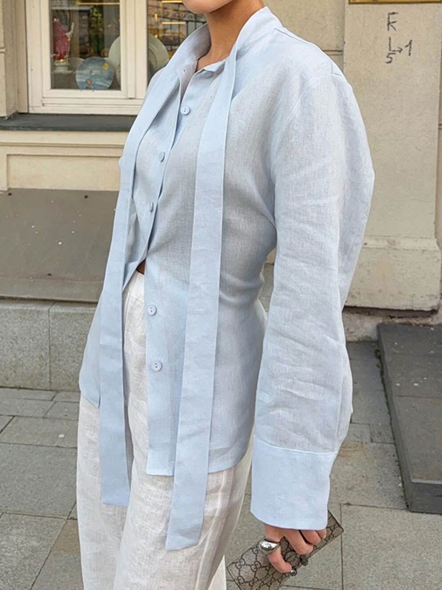 Long Sleeves Buttoned Solid Color Streamer Lapel Blouses&Shirts Tops