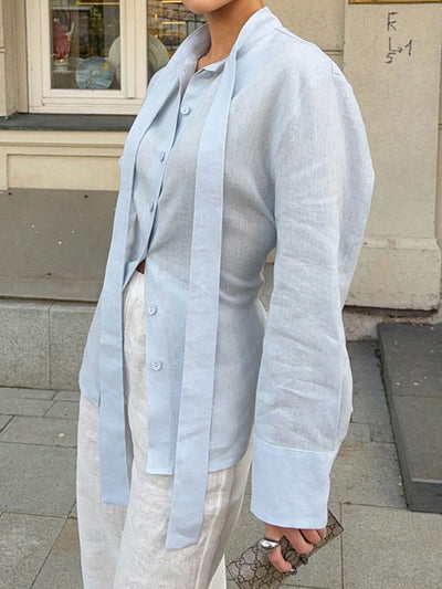 Long Sleeves Buttoned Solid Color Streamer Lapel Blouses&Shirts Tops