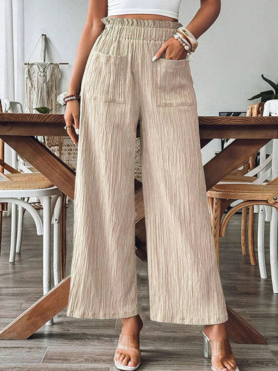 Loose Wide Leg Elasticity Pleated Pockets Solid Color Split-Joint Pants Trousers