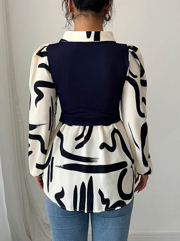 Long Sleeves Loose Buttoned Contrast Color Pleated Split-Joint Lapel Blouses&Shirts Tops