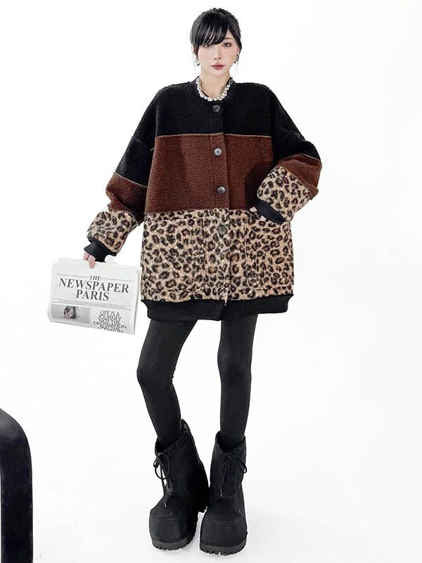 Long Sleeves Loose Buttoned Contrast Color Reversible Split-Joint Round-Neck Cardigan Tops Outerwear