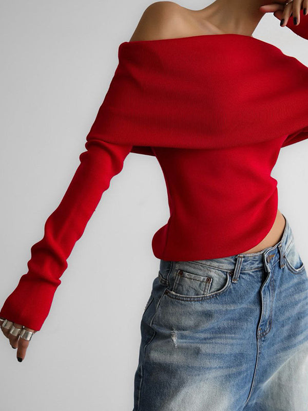 Long Sleeves Loose Solid Color Off-The-Shoulder Pullovers Sweater Tops