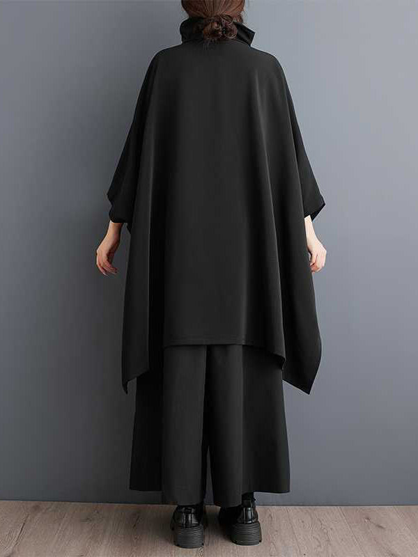 Batwing Sleeves Loose Buttoned Pockets Solid Color Zipper Mock Neck Sweatshirt Tops