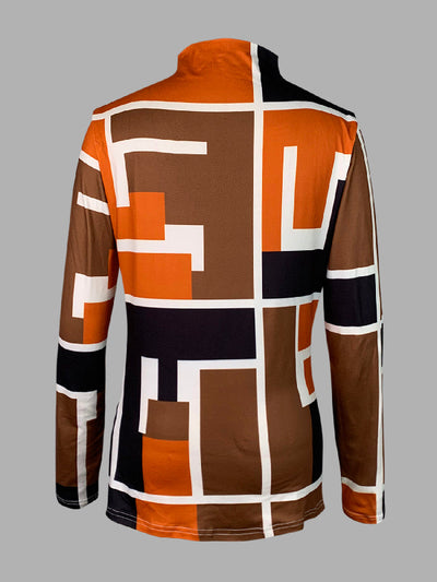 Long Sleeves Skinny Geometric Printed High Neck T-Shirts Tops