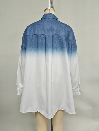 High-Low Loose Gradient Printed Split-Joint Split-Side Lapel Blouses&Shirts Tops