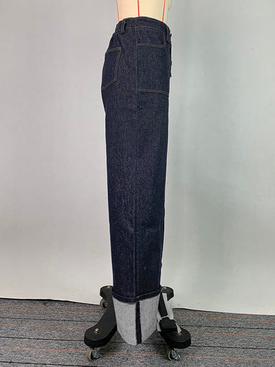 High Waisted Straight Leg Contrast Color Split-Joint Jean Pants Bottoms