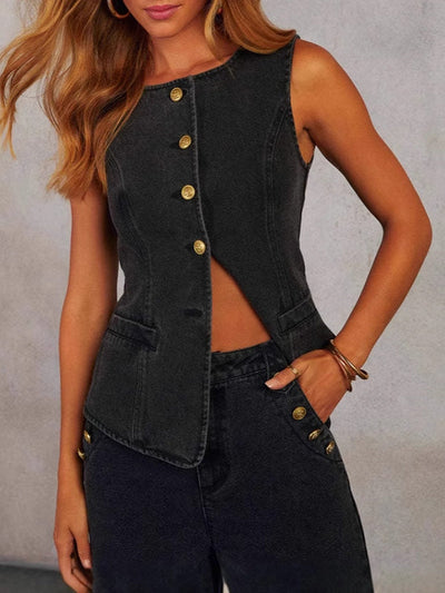 Sleeveless Split-Joint Round-Neck Vest Top