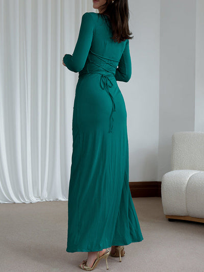 Bodycon High Waisted Asymmetric Pleated Ruffled Solid Color Split-Joint Round-Neck Maxi Dresses