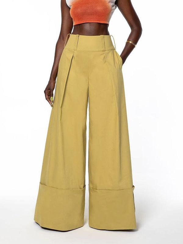 High Waisted Loose Pockets Solid Color Pants Trousers