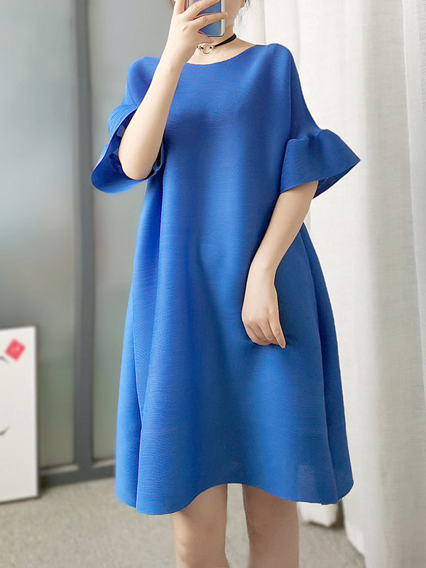 A-line Flared Sleeves Pleated Solid Color Round-neck Maxi Dresses Midi Dresses