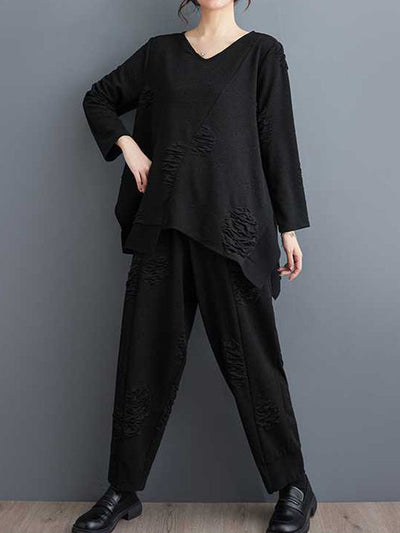 Long Sleeves Asymmetric Solid Color Split-Joint V-Neck T-Shirts Top + Harem Pants Elasticity Pants Bottom Two Pieces Set