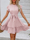 A-Line Loose Buttoned Pleated Polka-Dot Tied Waist Round-Neck Mini Dresses