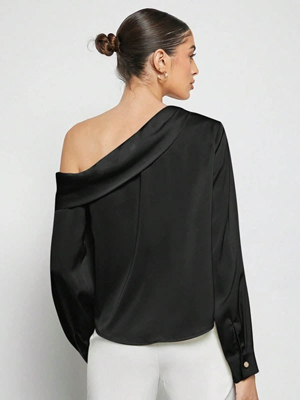 Long Sleeves Skinny Pleated Solid Color Split-Joint One-Shoulder Blouses&Shirts Tops