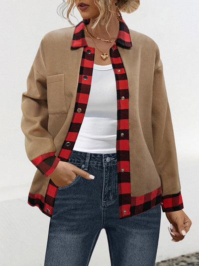 Long Sleeves Loose Buttoned Plaid Pockets Split-Joint Lapel Woolen Coat