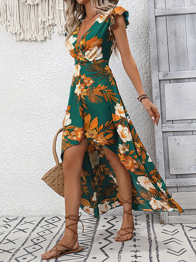 High-Low Loose Flower Print Split-Joint V-Neck Maxi Dresses
