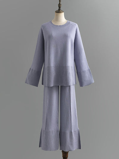 Casual Long Sleeves Loose Solid Color Round-Neck Sweater Tops & Wide Leg Pants Two Pieces Set