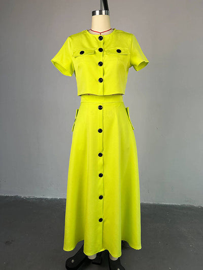 Buttoned Pockets Split-Joint Round-Neck T-Shirt Top + A-Line High Waisted Skirts Bottom Two Pieces Set