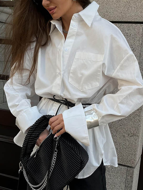 Long Sleeves Loose Buttoned Pockets Solid Color Lapel Blouses&Shirts Tops