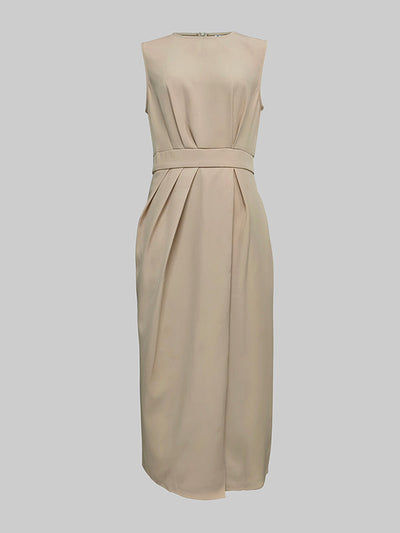 High Waisted Loose Pleated Solid Color Round-Neck Midi Dresses