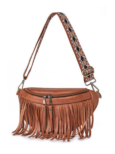 Geometric Tasseled Zipper Crossbody Bags