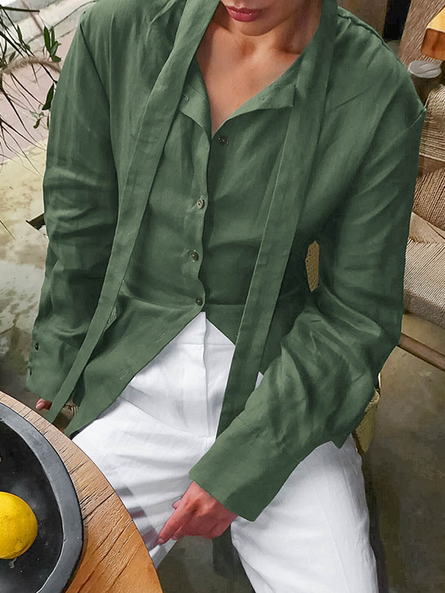 Long Sleeves Buttoned Solid Color Streamer Lapel Blouses&Shirts Tops