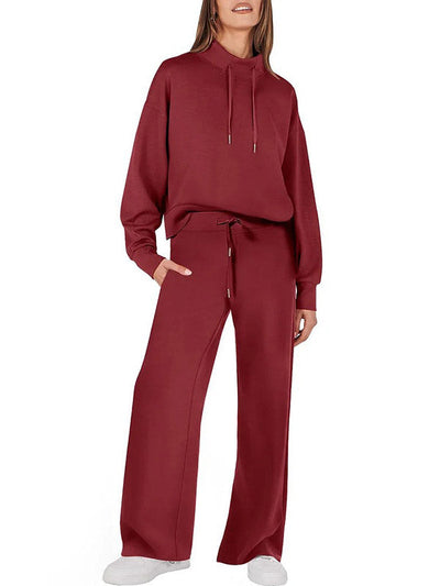 High Waisted Long Sleeves Drawstring Split-Joint Sweatshirt + Pants/Trousers Two Pieces Set