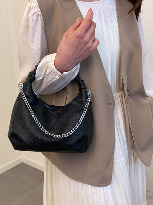 Chains Pleated Solid Color Zipper Crossbody Bags Handbags