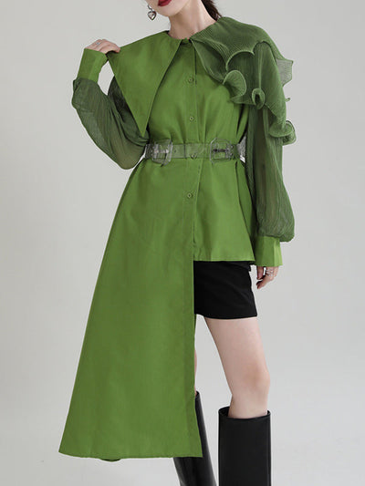 Long Sleeves Loose Asymmetric Pleated Solid Color Split-Joint Falbala Lapel Blouses&Shirts Tops