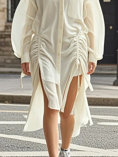 Long Sleeves Loose Buttoned Drawstring Pleated Pockets Solid Color Lapel Midi Dresses Shirt Dress