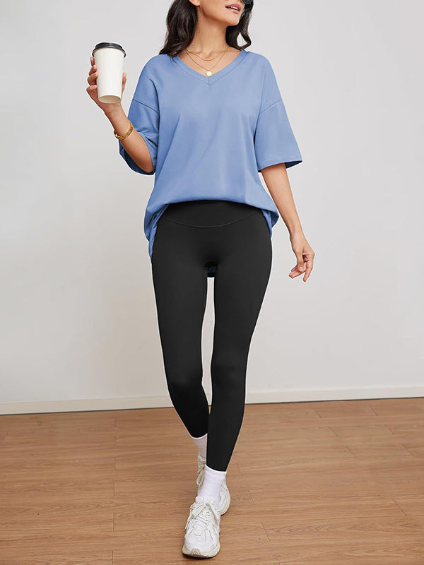 Short Sleeves Solid Color Split-Joint V-Neck T-Shirts