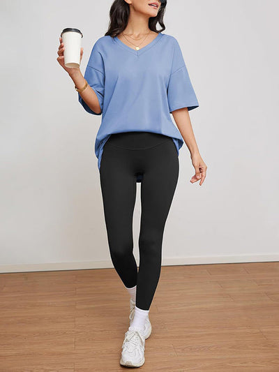 Short Sleeves Solid Color Split-Joint V-Neck T-Shirts