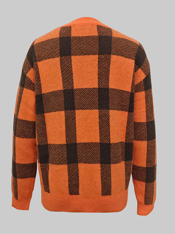Long Sleeves Contrast Color Plaid Mock Neck Sweater Tops