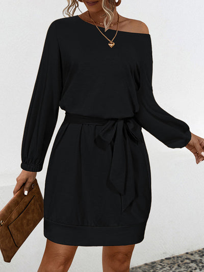 Long Sleeves Loose Elasticity Solid Color Tied Waist One-Shoulder Mini Dresses