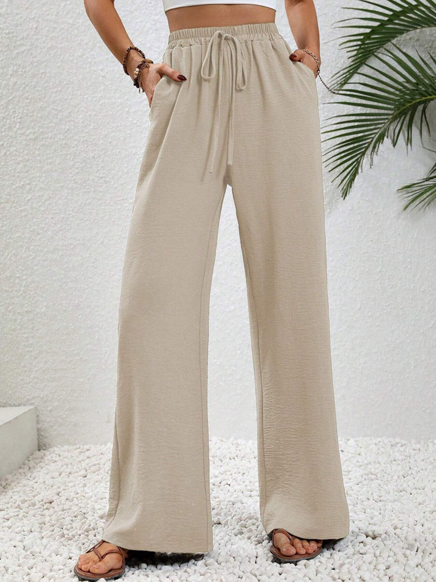 High Waisted Loose Elasticity Pleated Solid Color Tied Waist Pants Trousers