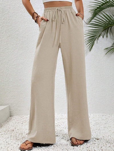 High Waisted Loose Elasticity Pleated Solid Color Tied Waist Pants Trousers