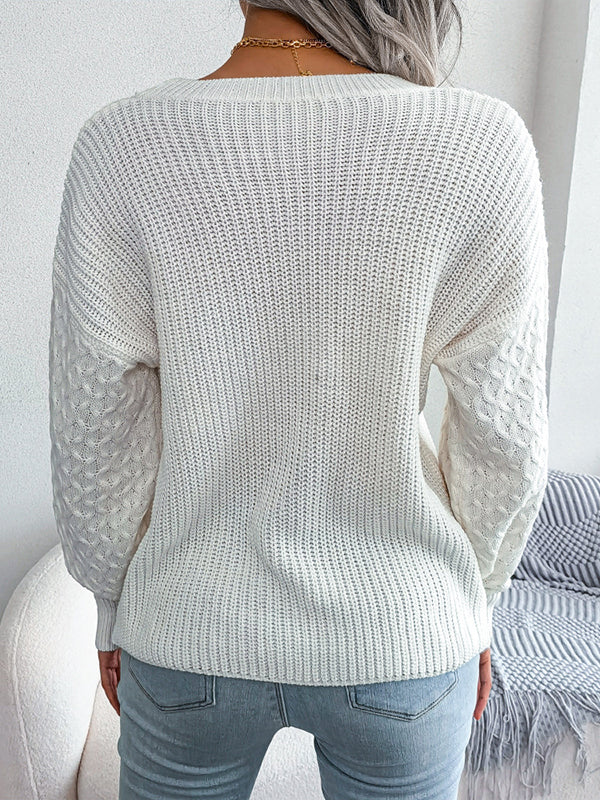 Long Sleeves Loose Cable Knit Solid Color Round-Neck Sweater Tops