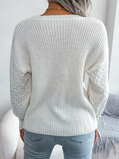 Long Sleeves Loose Cable Knit Solid Color Round-Neck Sweater Tops