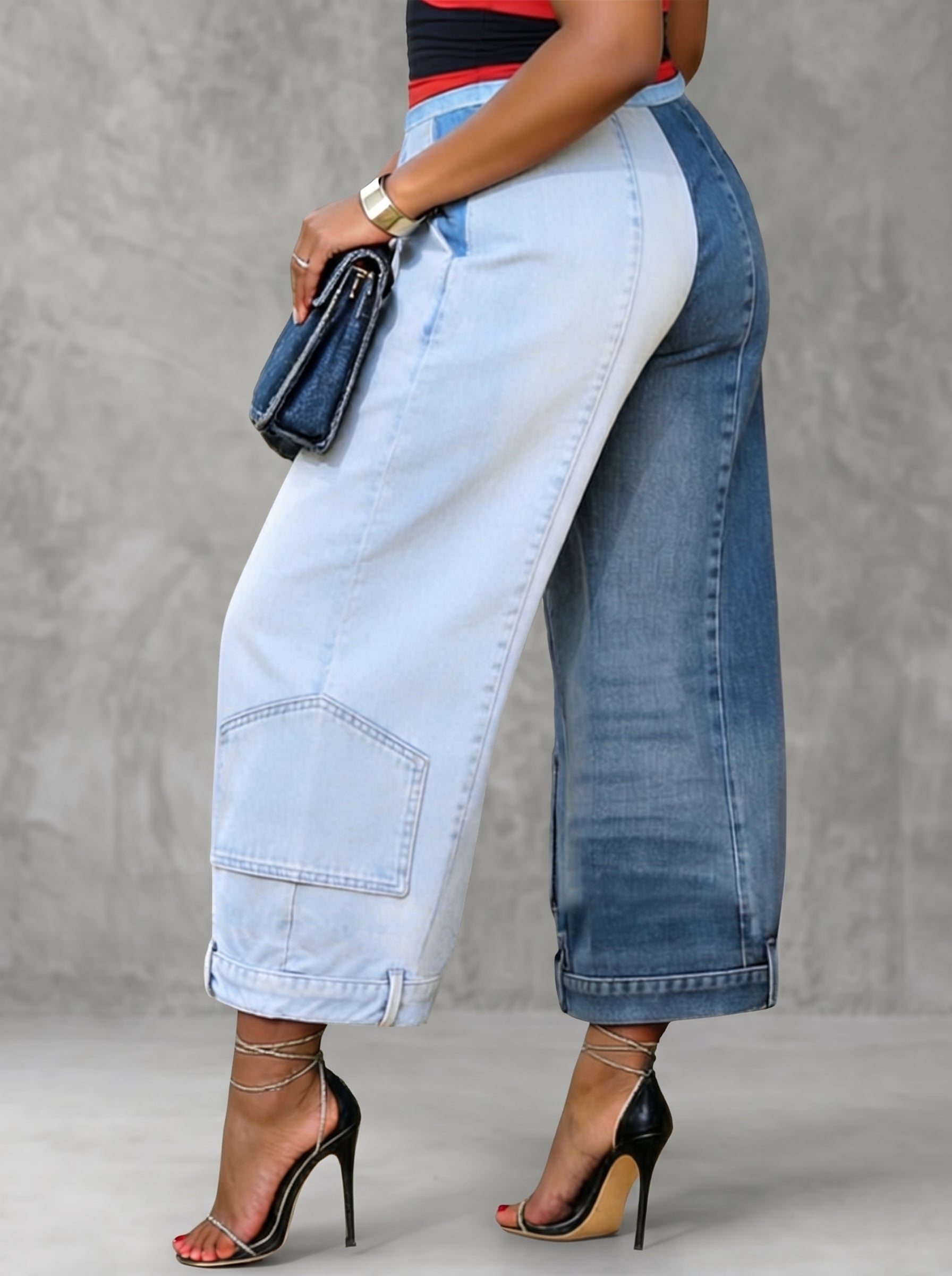 Loose Wide Leg Contrast Color Pockets Jean Pants Bottoms