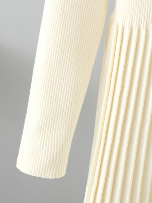 Stylish Long Sleeves High Waisted Pleated Solid Color Half Turtleneck Sweater Dresses